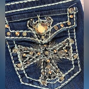 Miss Chic dark denim Y2K rhinestone embellished shorts decorative stitching SZ 5